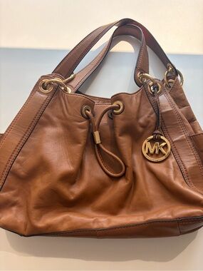 Michael Kors Brown Leather Shoulder Bag with Gold MK Charm